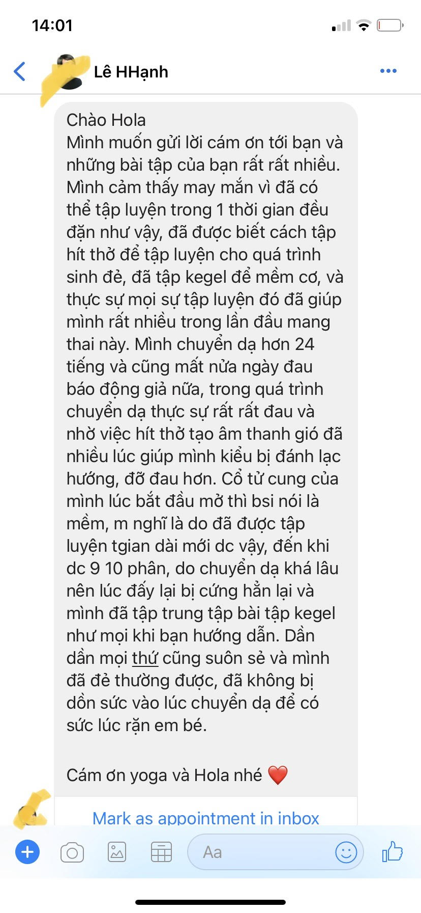 Tin nhắn của chị Lê HHạnh - sinh thường nhờ tập thở và kegel
