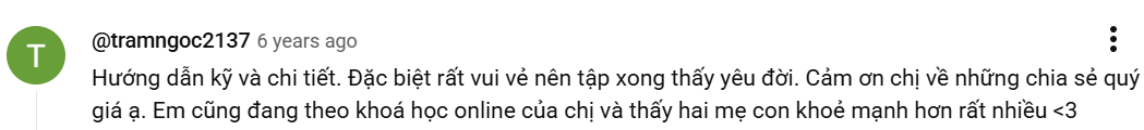 Bình luận của @tramngoc2137 trên YouTube khóa học Hola Yoga